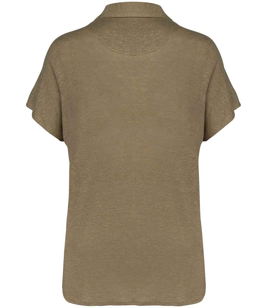 Spasso Ladies Linen Polo Shirt in Light Olive Green, back view