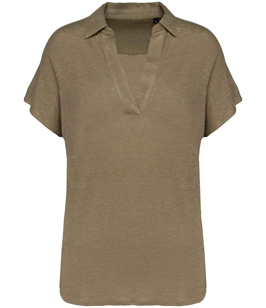 Spasso Ladies Linen Polo Shirt in Light Olive Green, front view