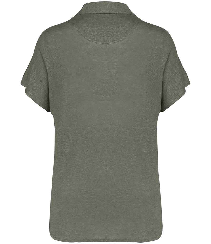 Spasso Ladies Linen Polo Shirt in Organic Khaki, back view
