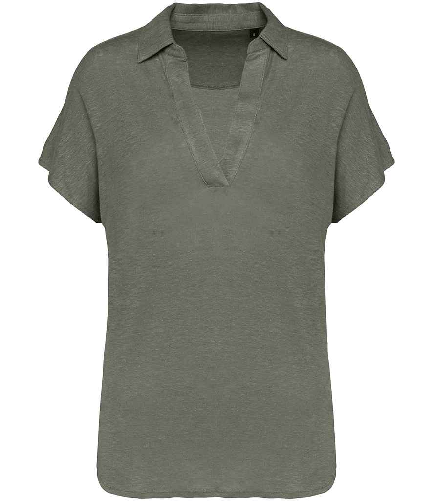 Spasso Ladies Linen Polo Shirt in Organic Khaki, front view