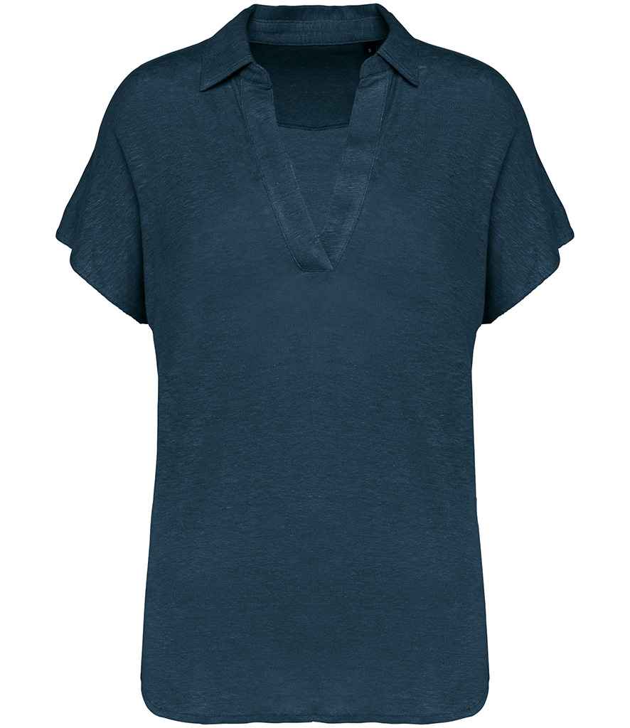 Spasso Ladies Linen Polo Shirt in Peacock Blue, front view