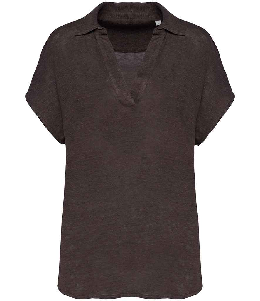 Spasso Ladies Linen Polo Shirt in Stone Grey, front view