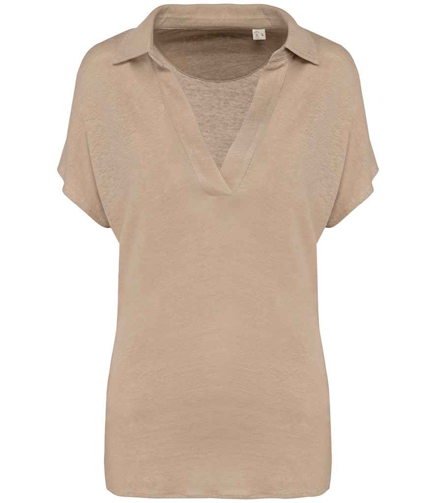 Spasso Ladies Linen Polo Shirt in Wet Sand, back view