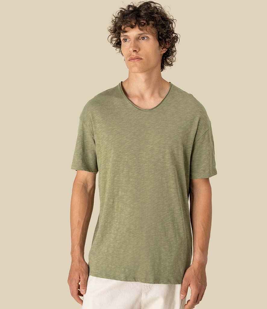 Spasso Drop Shoulder Raw Edge Collar Slub T-Shirt in Tender Green