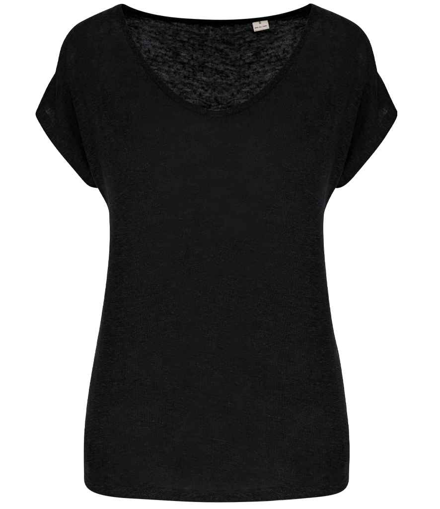 Spasso Ladies V Neck Linen T-Shirt in Black, front view