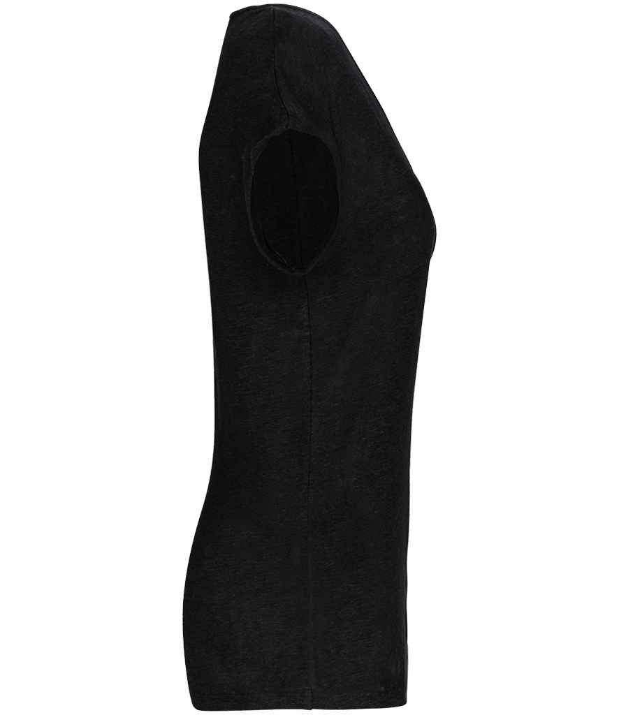 Spasso Ladies V Neck Linen T-Shirt in Black, side view