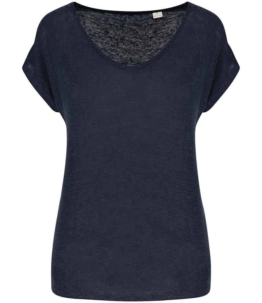 Spasso Ladies V Neck Linen T-Shirt in Navy, front view