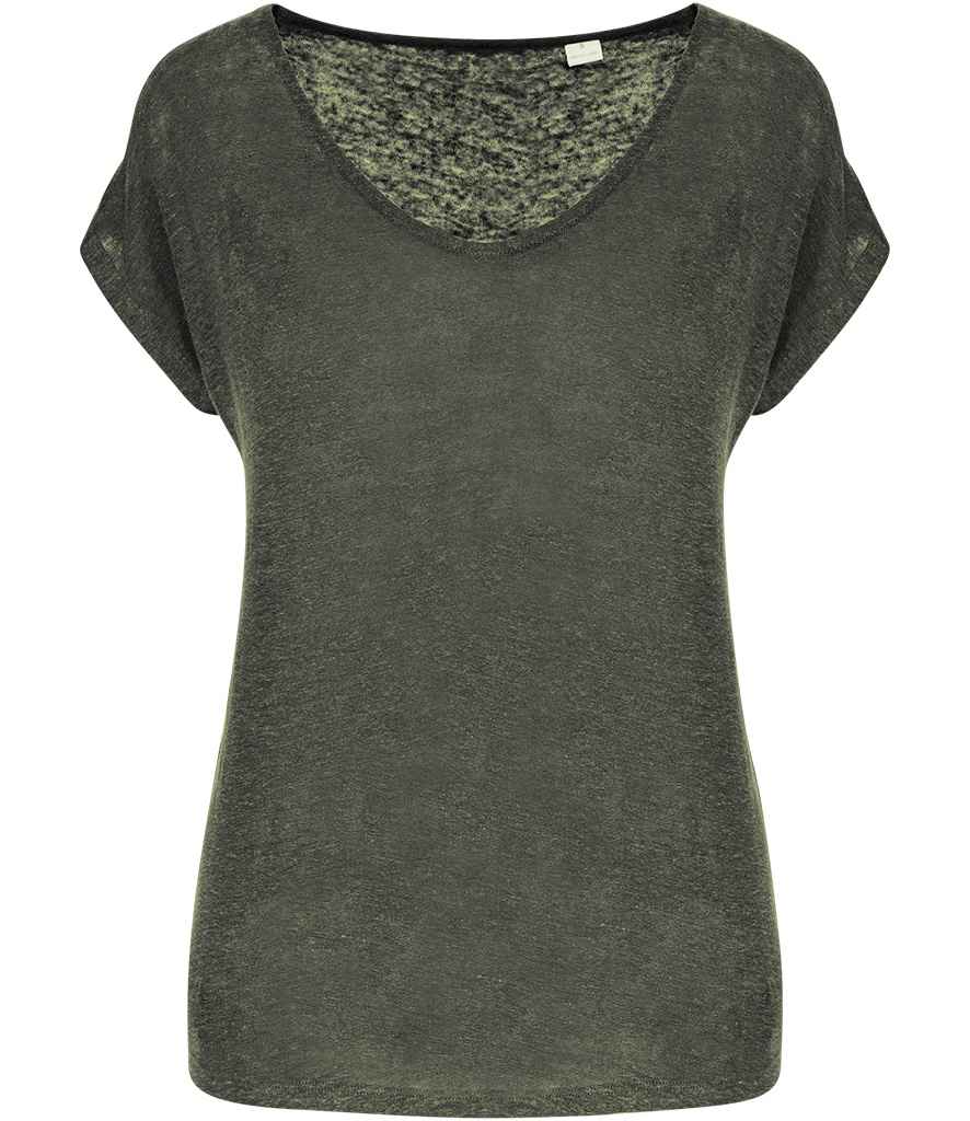 Spasso Ladies V Neck Linen T-Shirt in Organic Khaki, front view