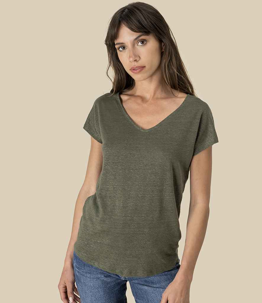 Spasso Ladies V Neck Linen T-Shirt in Organic Khaki