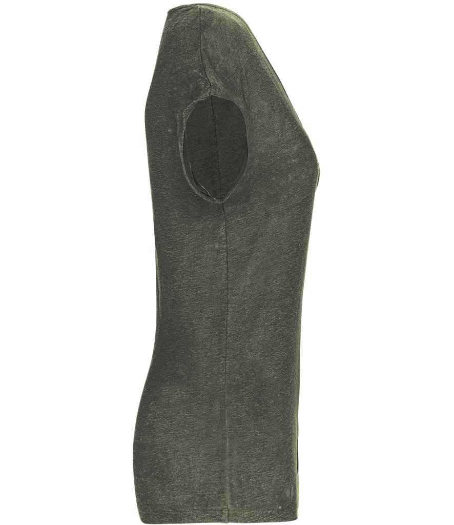 Spasso Ladies V Neck Linen T-Shirt in Organic Khaki, side view