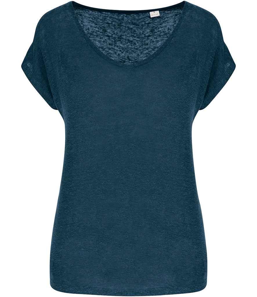 Spasso Ladies V Neck Linen T-Shirt in Peacock Blue, front view