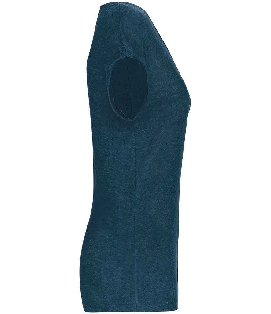 Spasso Ladies V Neck Linen T-Shirt in Peacock Blue, side view