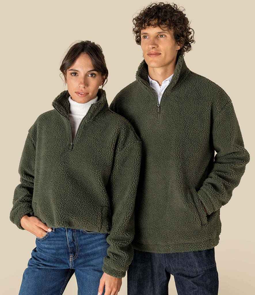 Spasso Unisex Sherpa Drop Shoulder 1/4 Zip Sweat in Forest Khaki