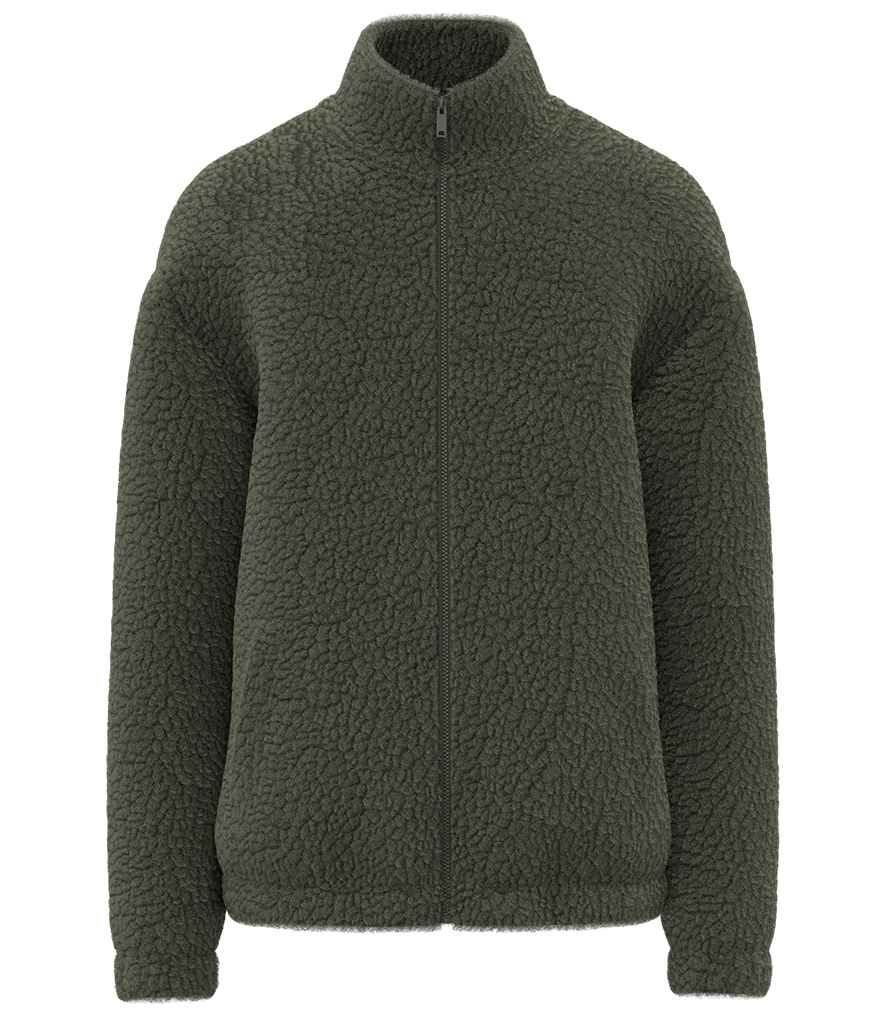 Spasso Unisex Sherpa Drop Shoulder Full Zip Sweat Jacket in Forest Khaki, front view