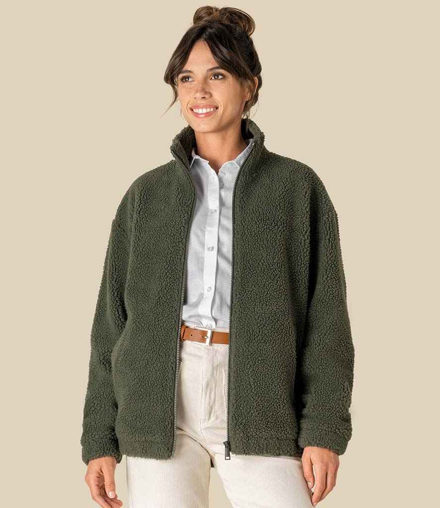 Spasso Unisex Sherpa Drop Shoulder Full Zip Sweat Jacket in Forest Khaki