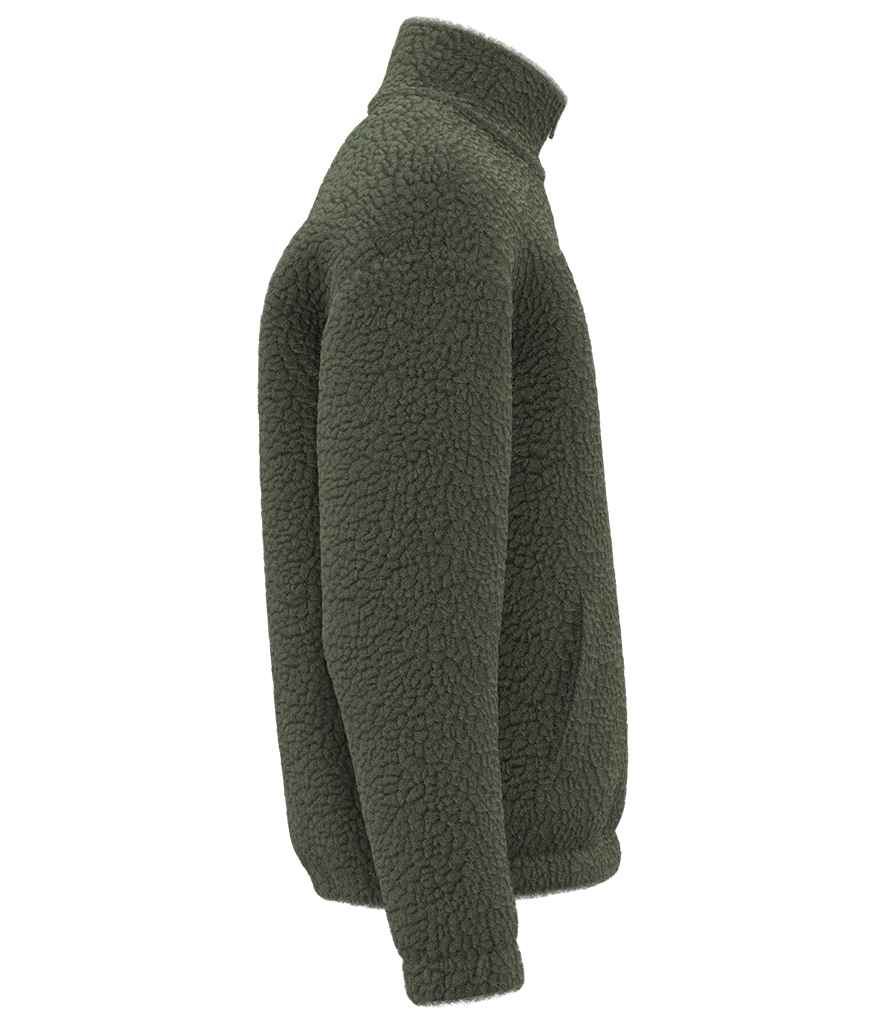 Spasso Unisex Sherpa Drop Shoulder Full Zip Sweat Jacket in Forest Khaki, side view
