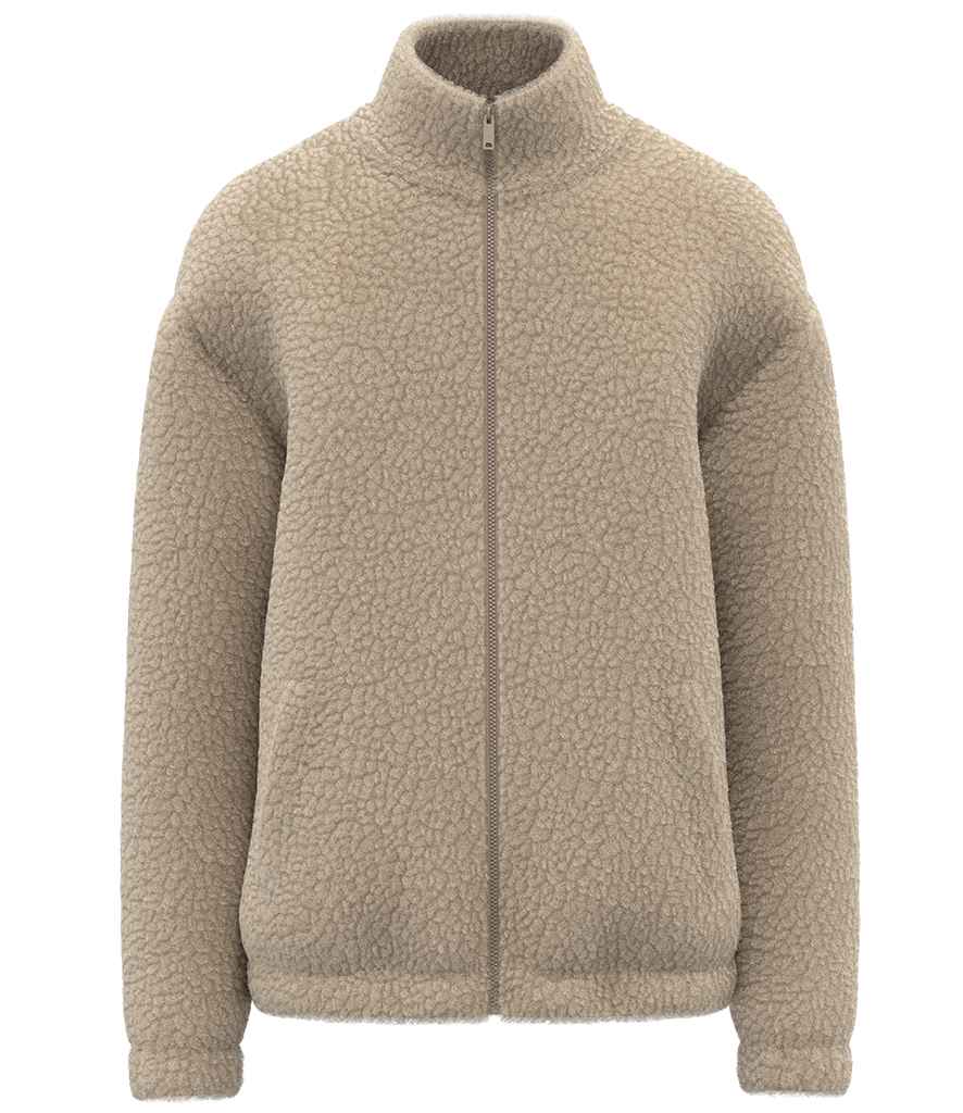 Spasso Unisex Sherpa Drop Shoulder Full Zip Sweat Jacket in Wet Sand, front view