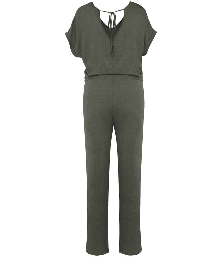 Spasso Ladies Short Sleeve Linen Knit Jumpsuit in Organic Khaki, back view