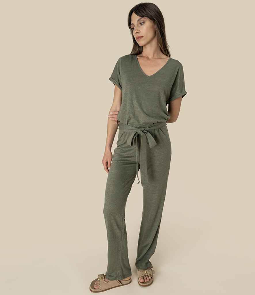 Spasso Ladies Short Sleeve Linen Knit Jumpsuit in Organic Khaki