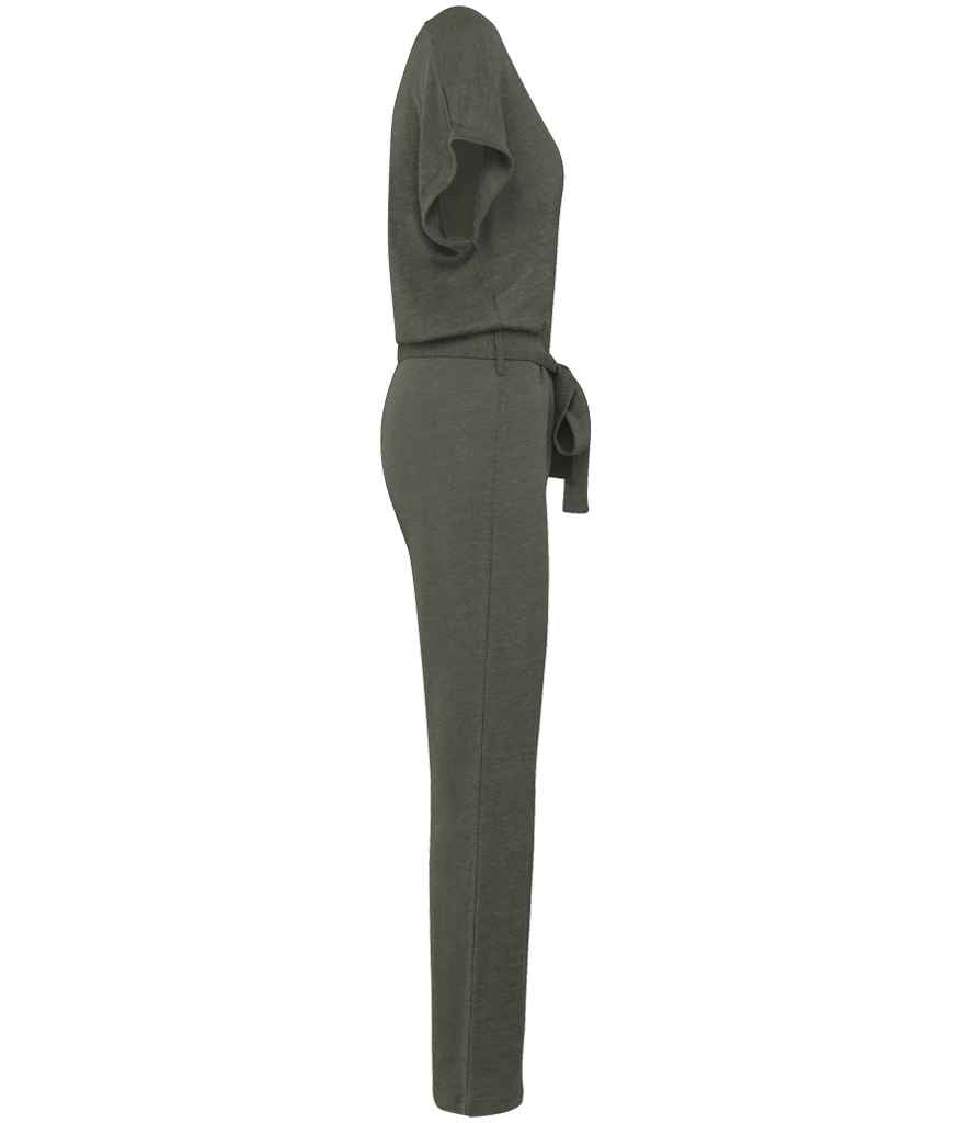 Spasso Ladies Short Sleeve Linen Knit Jumpsuit in Organic Khaki, side view