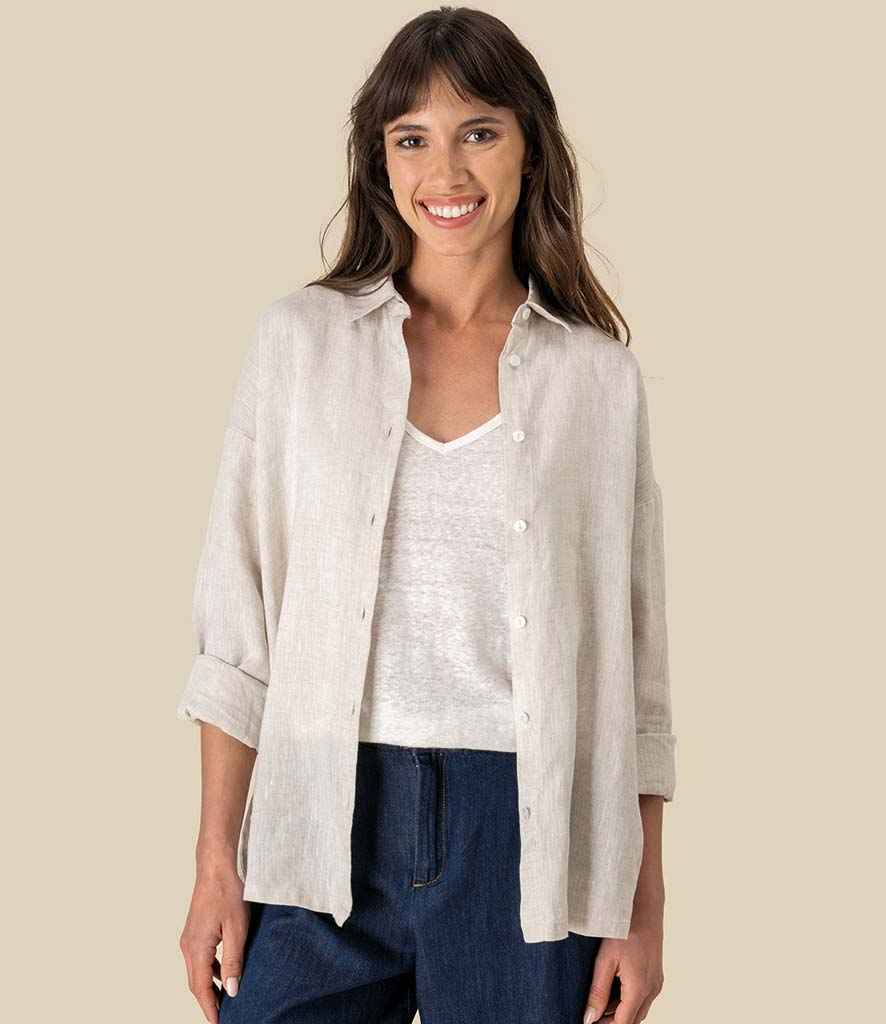 Spasso Ladies Long Sleeve Oversized Linen Shirt in Linen