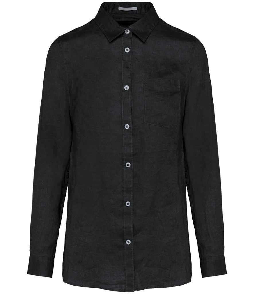 Spasso Ladies Long Sleeve Linen Shirt in Black, front view