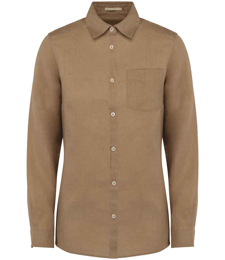 Spasso Ladies Long Sleeve Linen Shirt in Coffee Cream, front view