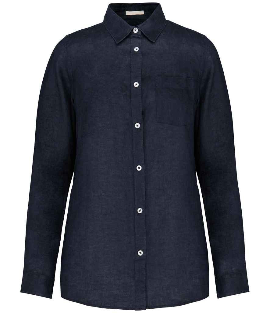 Spasso Ladies Long Sleeve Linen Shirt in Navy, front view
