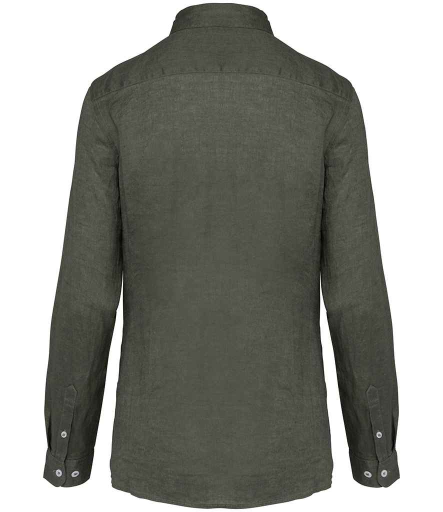 Spasso Ladies Long Sleeve Linen Shirt in Organic Khaki, back view
