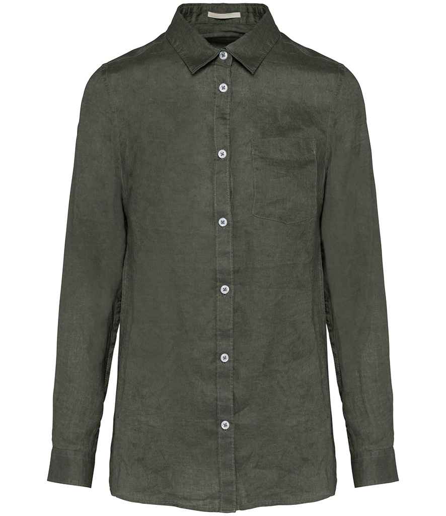 Spasso Ladies Long Sleeve Linen Shirt in Organic Khaki, front view