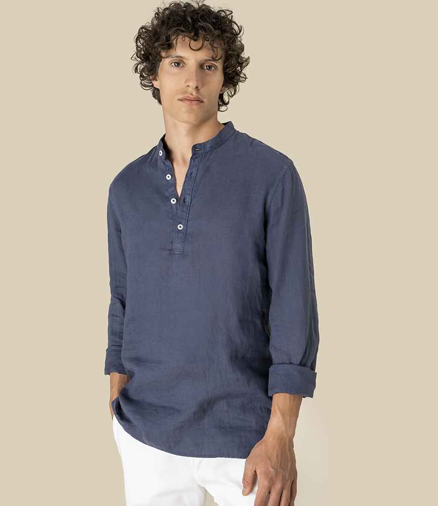 Spasso Washed Mao Collar Shirt in Washed Navy