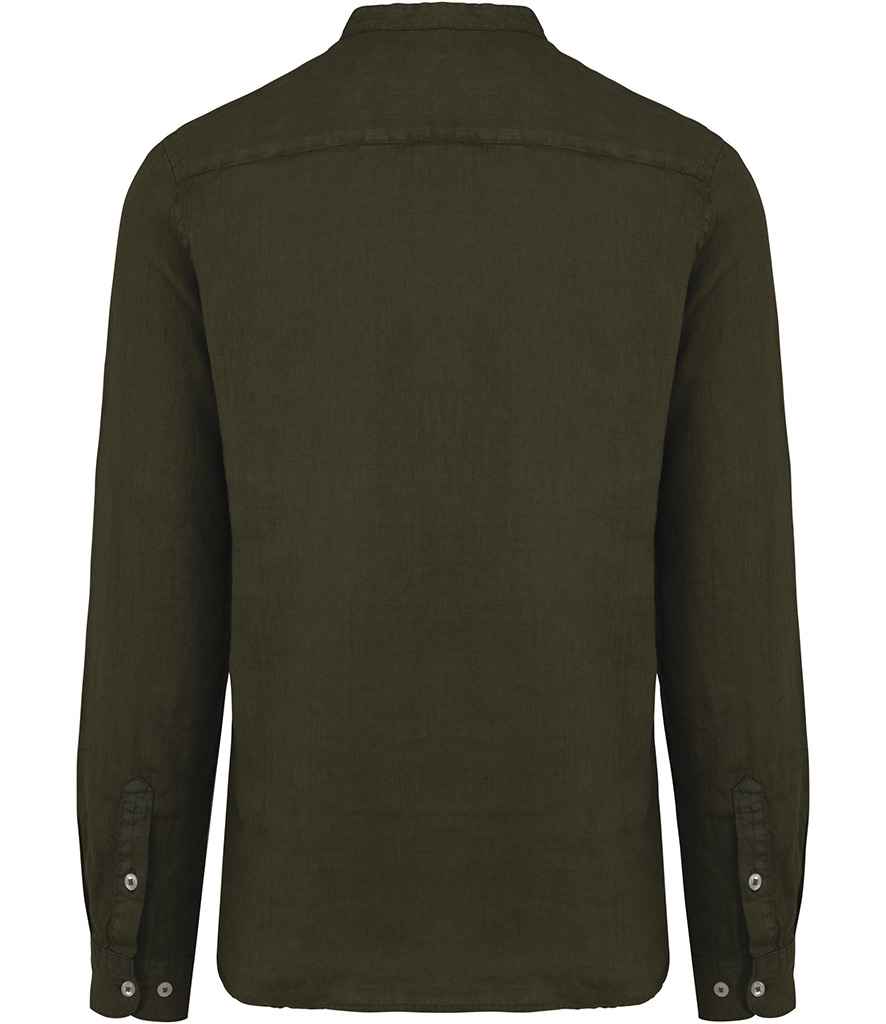 Spasso Washed Mao Collar Shirt in Washed Organic Khaki, back view