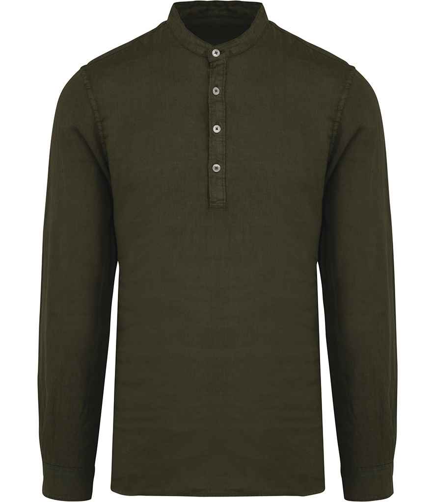 Spasso Washed Mao Collar Shirt in Washed Organic Khaki, front view