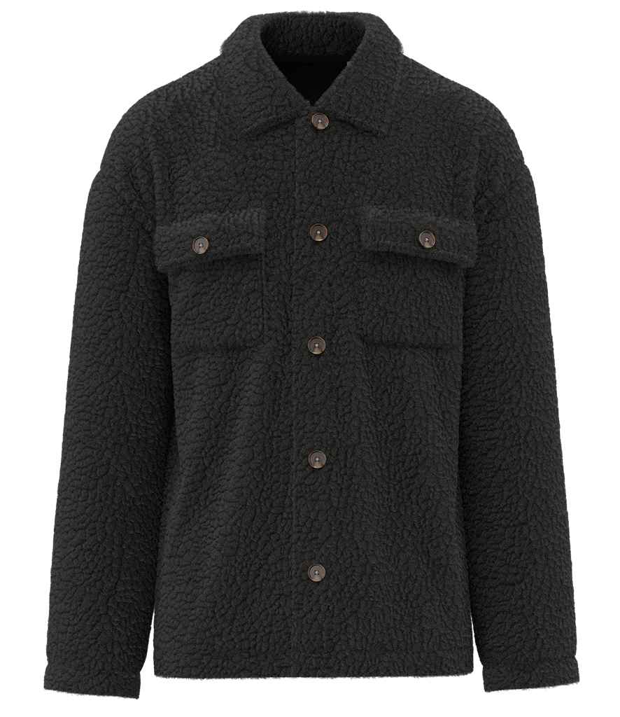 Spasso Unisex Sherpa Drop Shoulder Overshirt in Black, front view