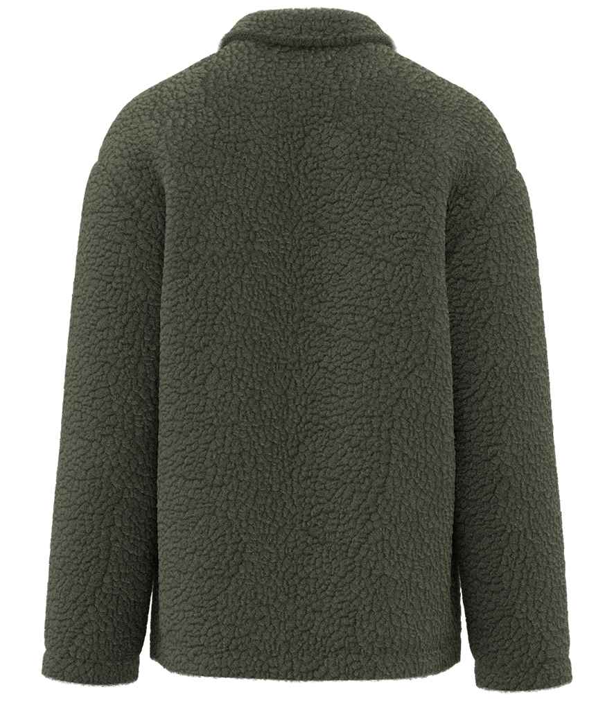 Spasso Unisex Sherpa Drop Shoulder Overshirt in Forest Khaki, back view