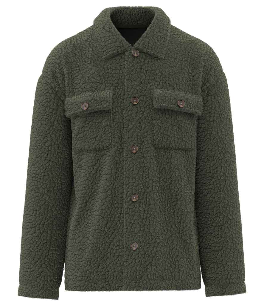 Spasso Unisex Sherpa Drop Shoulder Overshirt in Forest Khaki, front view