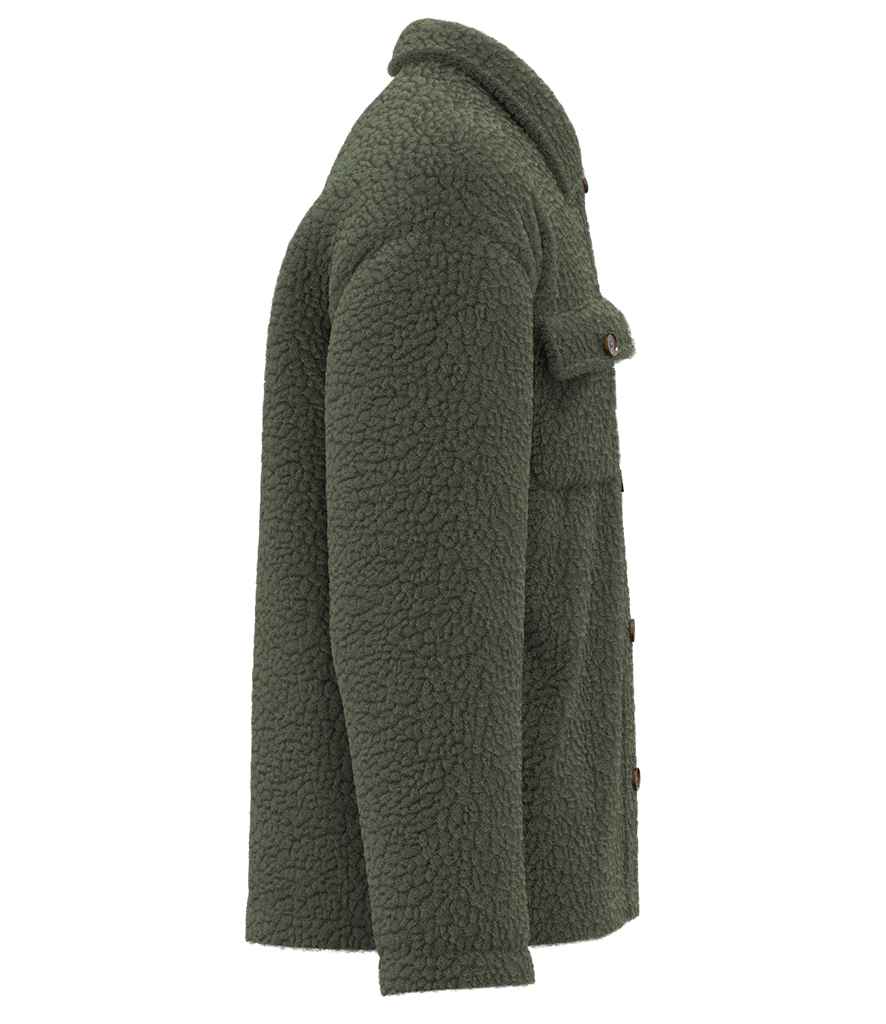 Spasso Unisex Sherpa Drop Shoulder Overshirt in Forest Khaki, side view