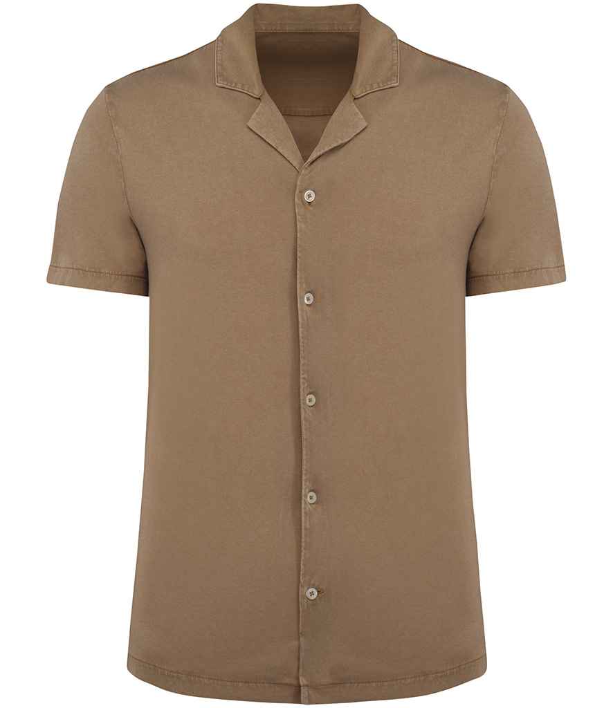 Spasso Jersey Short Sleeve Bowling Collar Shirt in Washed Cream Coffee, front view