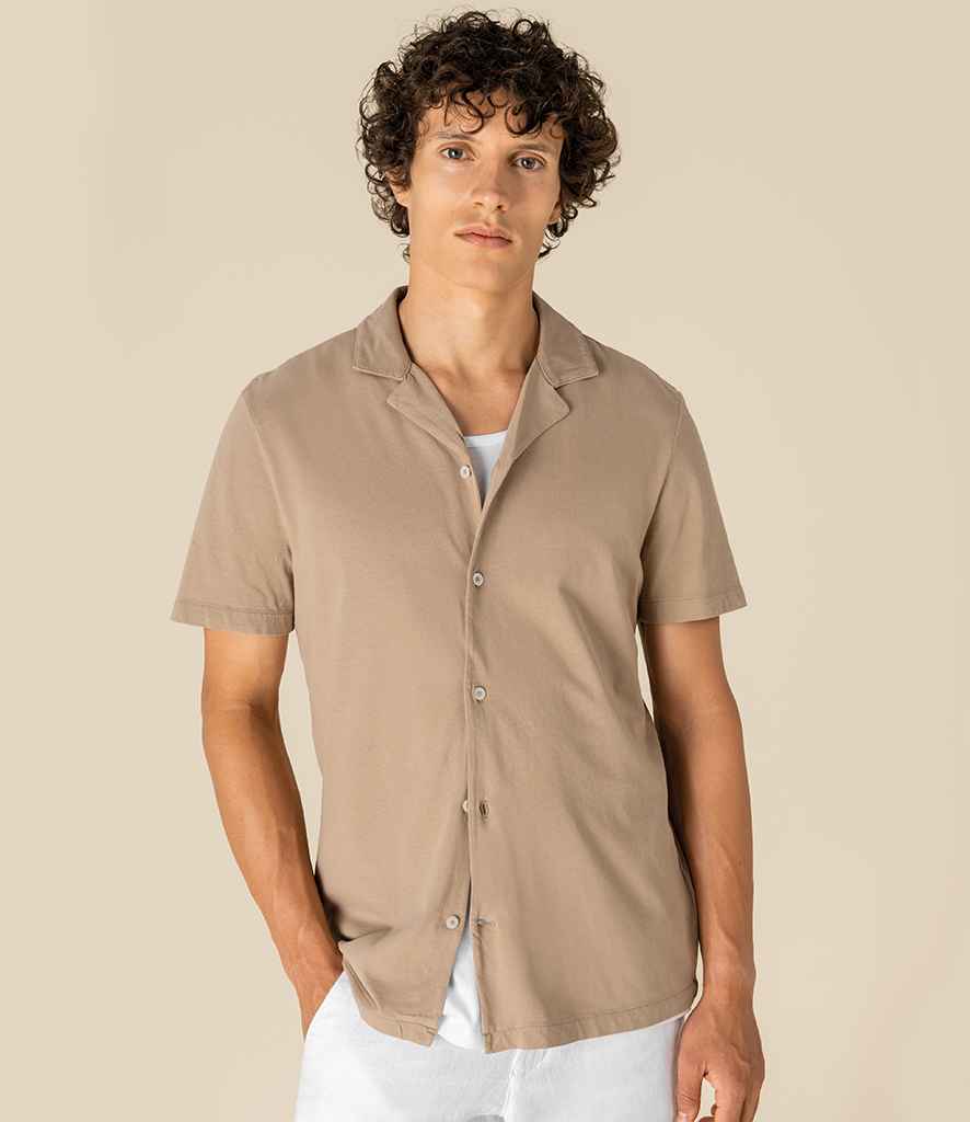 Spasso Jersey Short Sleeve Bowling Collar Shirt in Washed Cream Coffee