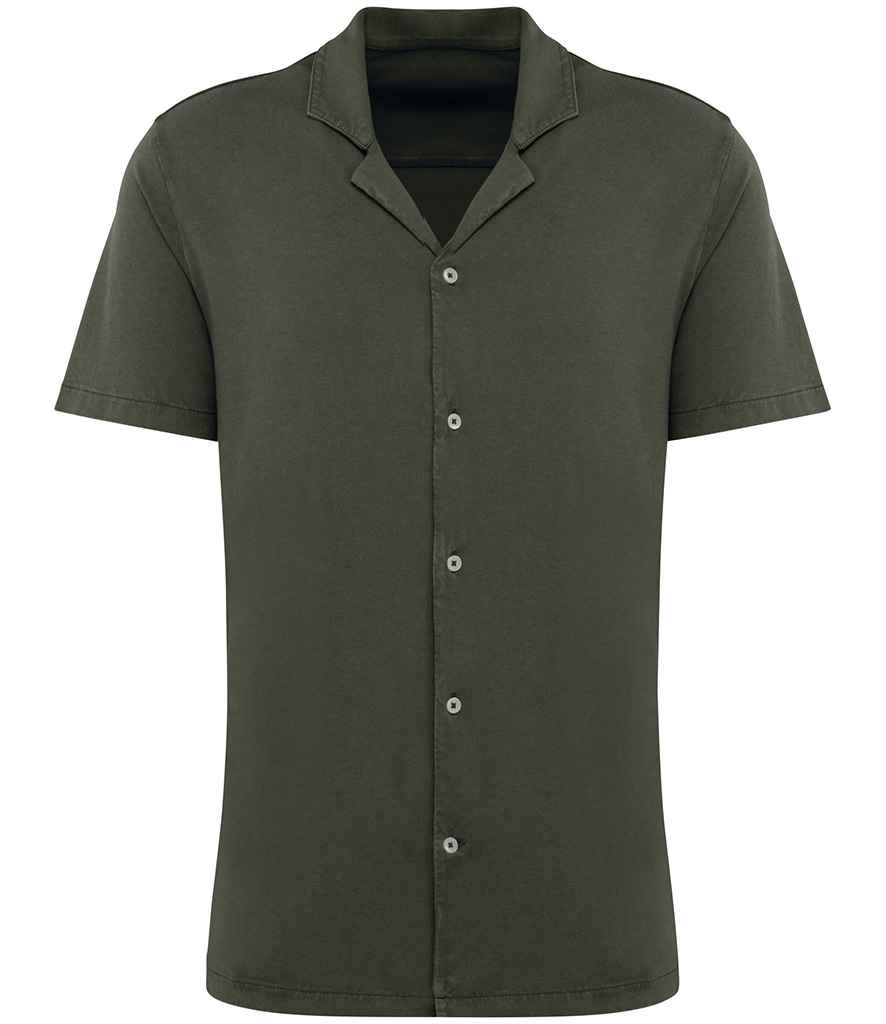 Spasso Jersey Short Sleeve Bowling Collar Shirt in Washed Organic Khaki, front view