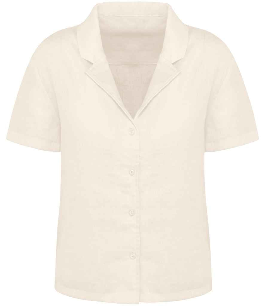 Spasso Ladies Short Sleeve Linen Bowling Collar Shirt in Ivory, front view
