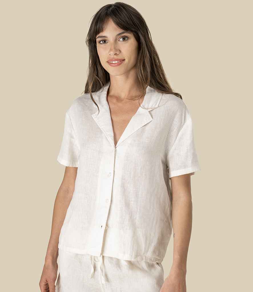Spasso Ladies Short Sleeve Linen Bowling Collar Shirt in Ivory