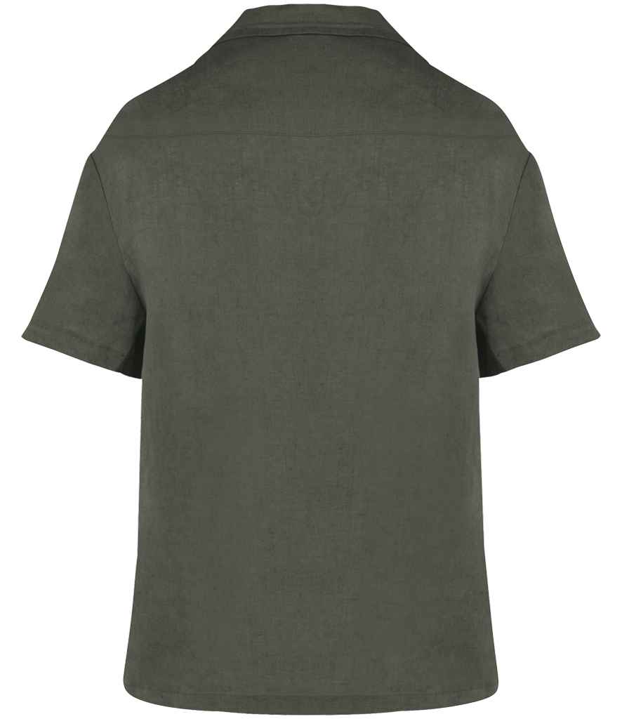 Spasso Ladies Short Sleeve Linen Bowling Collar Shirt in Organic Khaki, back view