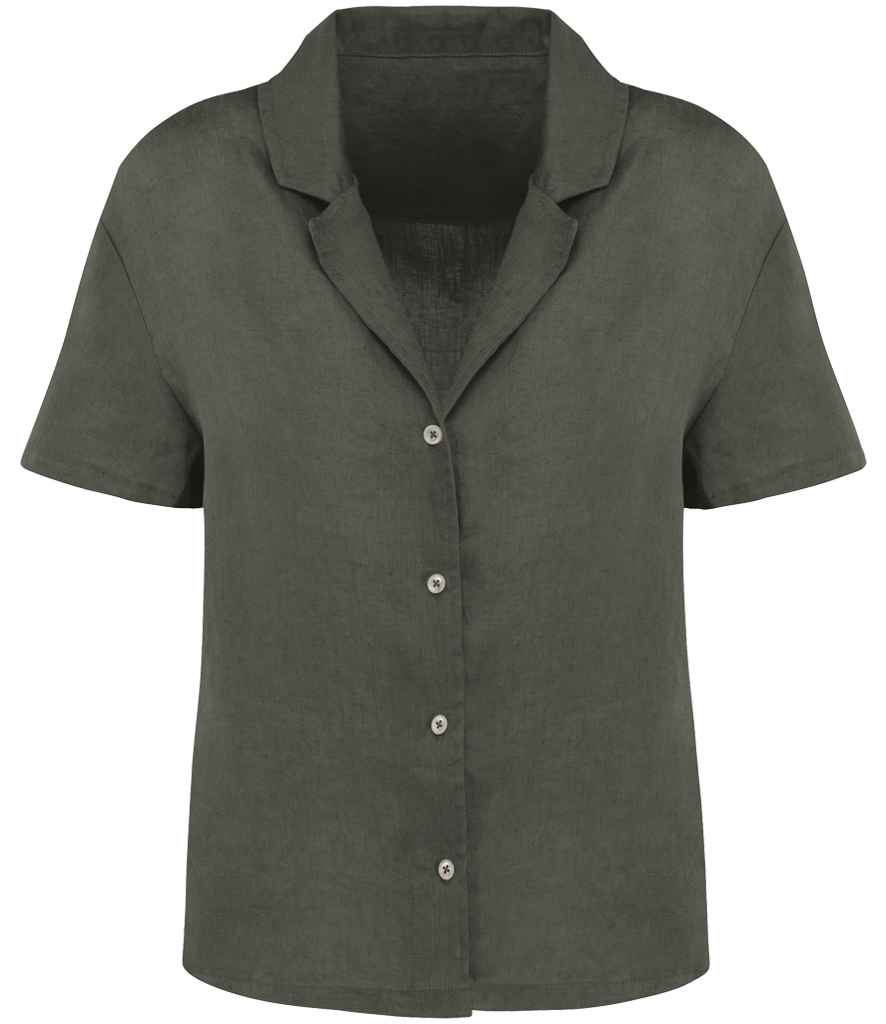 Spasso Ladies Short Sleeve Linen Bowling Collar Shirt in Organic Khaki, front view