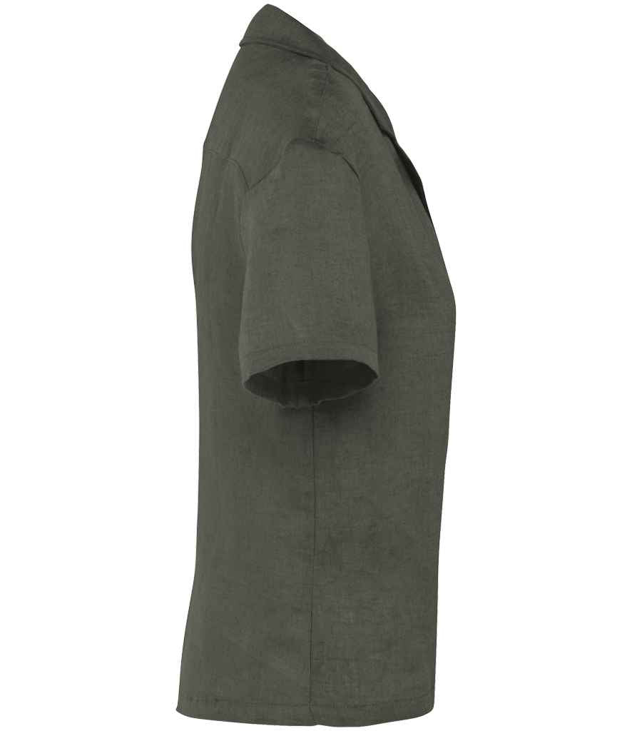 Spasso Ladies Short Sleeve Linen Bowling Collar Shirt in Organic Khaki, side view