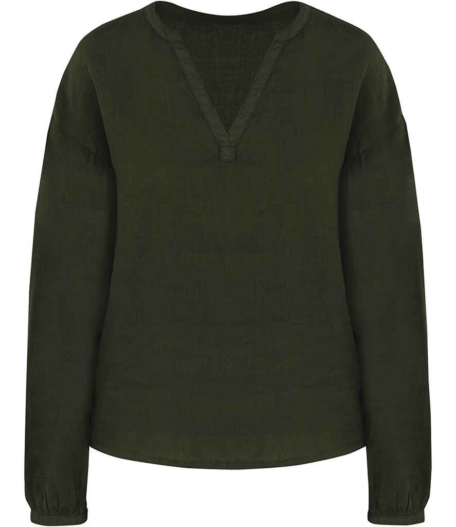 Spasso Ladies Linen Blouse in Organic Khaki, front view