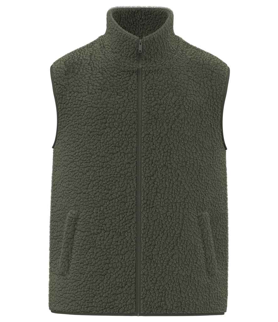 Spasso Unisex Sherpa Bodywarmer in Forest Khaki, front view