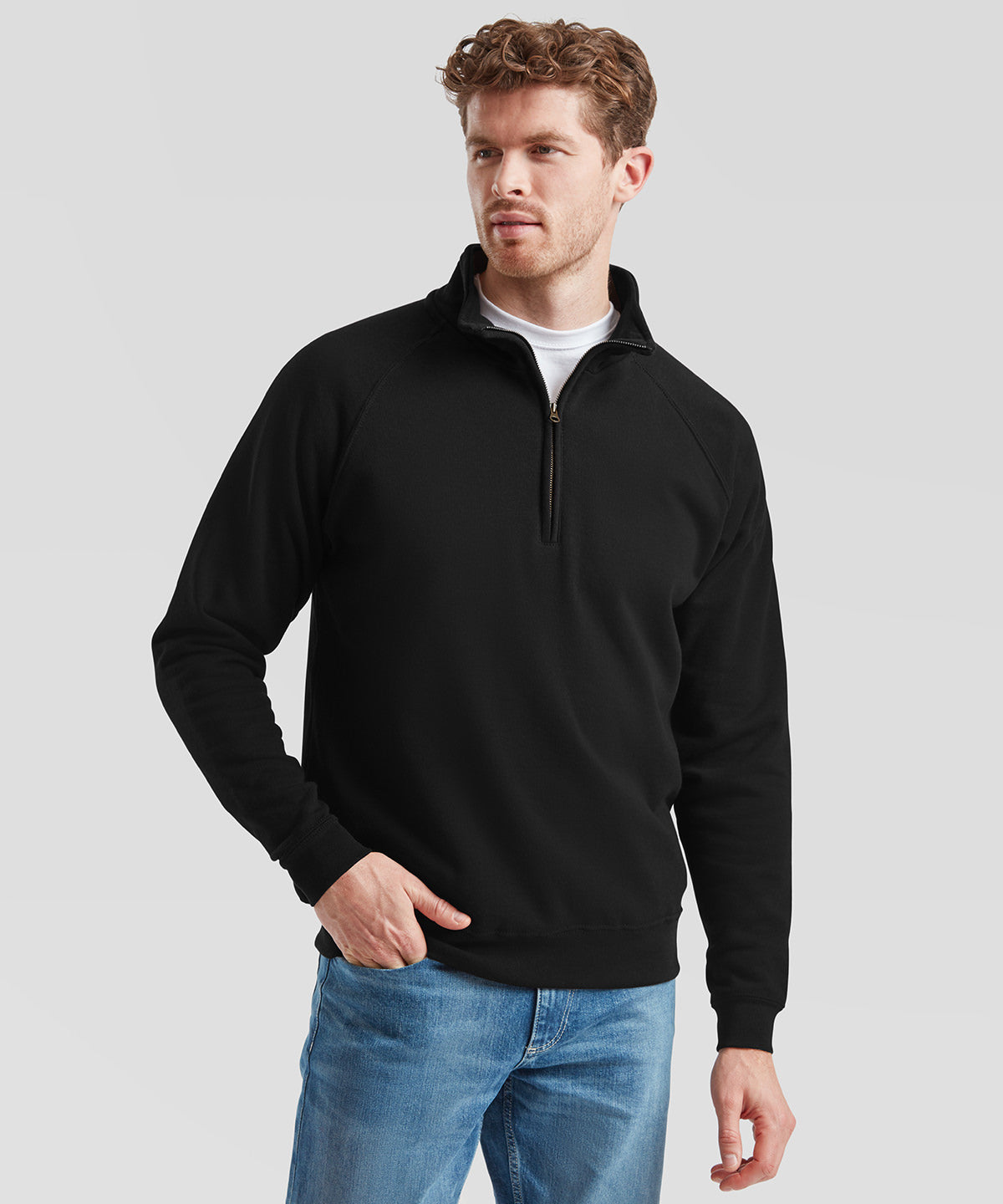 Fruit of the Loom Classic 80/20 zip neck sweatshirt, lifestyle photo