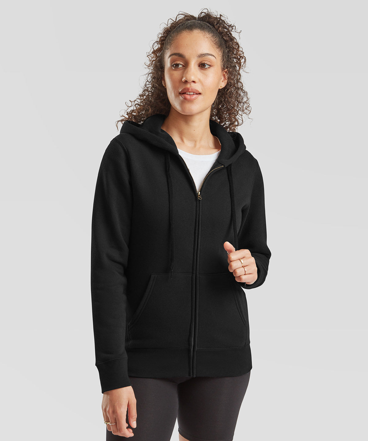 Fruit of the Loom Women's premium 70/30 hooded sweatshirt jacket, lifestyle photo