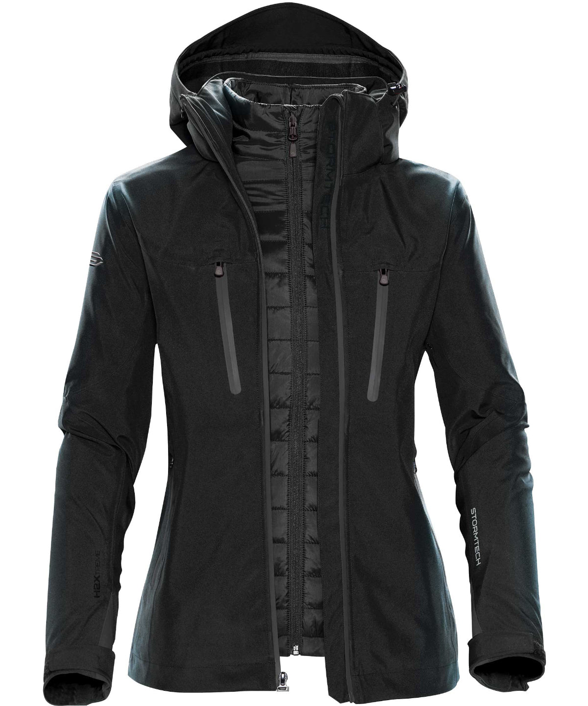 Stormtech Women's Matrix system jacket in Black/Carbon, front view